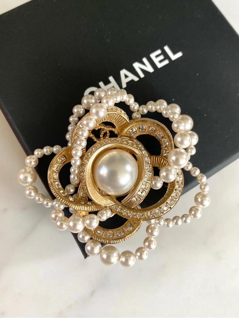 CHANEL - Gold, Crystal & Pearl Camellia Flower CC Brooch 2018